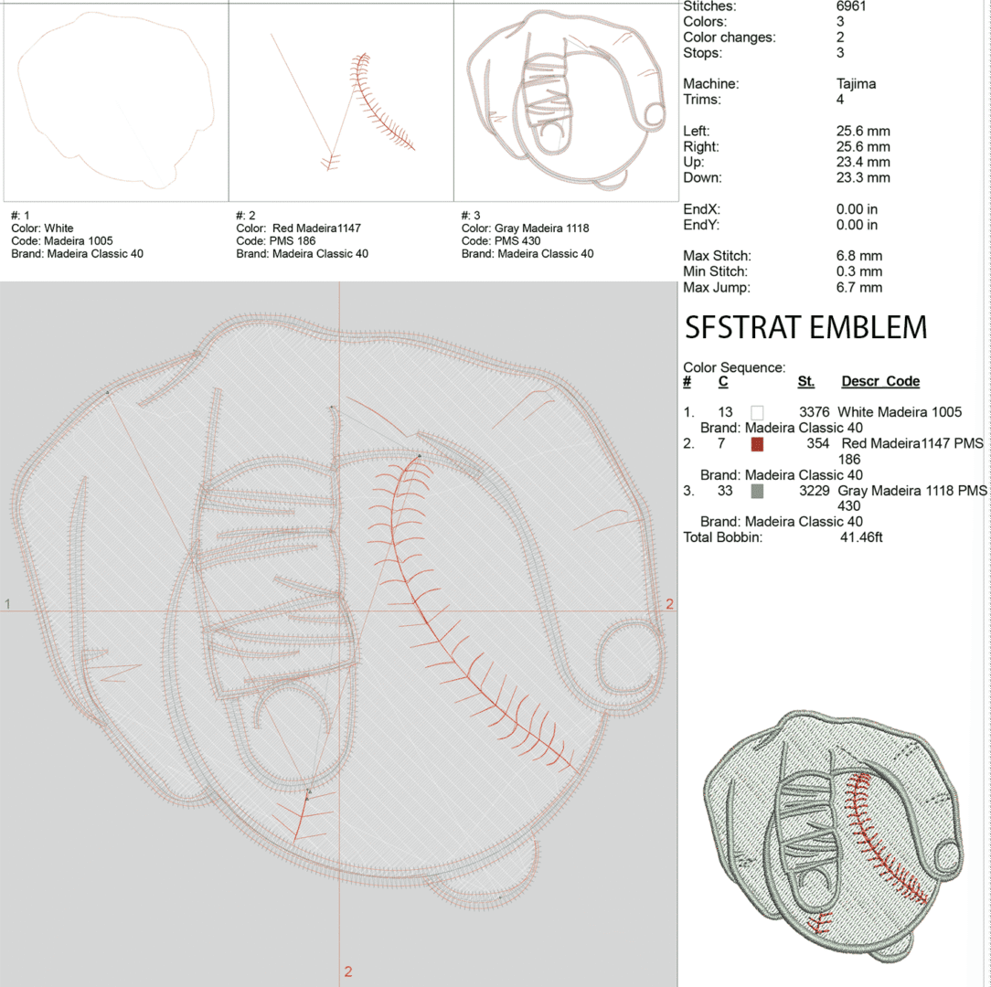 BOM Spec-BOM Baseball stitching embroidery design with specifications.